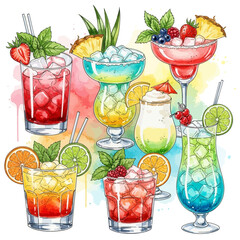 Colorful Watercolor Cocktails with Fresh Fruit and Ice Cubes Refreshing Drinks.
