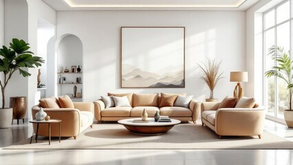 A bright living room with a beige sofa set, a large painting, and plants in a modern home decor