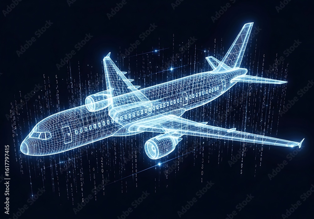 Aufkleber digital representation of a modern airplane flying through a complex network of data connections