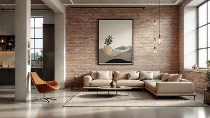 A living room with a brick wall, a beige sofa, a modern chair and a large framed artwork above the couch