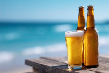 A glass of beer with two bottles on a wood surface blurry ocean background