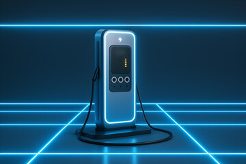 This futuristic electric vehicle charging station features sleek design with glowing blue accents and digital display, set in high tech environment that emphasizes innovation and clean energy