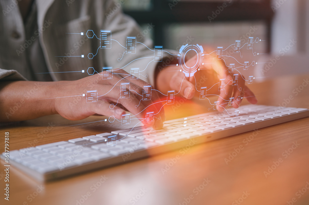 Poster man hands typing on wireless computer keyboard in modern office or remote work in home office, docum