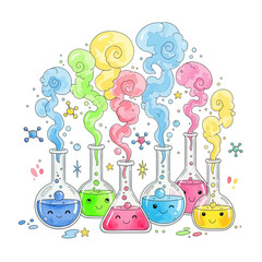Cartoon Chemistry: Smiling Beakers with Colorful Swirling Smoke.