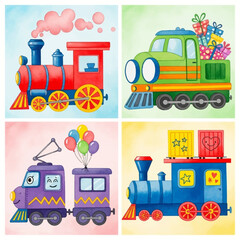 Whimsical Cartoon Trains: Colorful Locomotives with Gifts Balloons and Smiles.