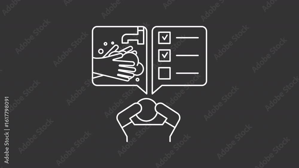 Poster obsessive compulsive disorder white line animation. ocd animated icon. complete mark showing up. was