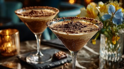 Espresso Martini Cocktails Glamorous Drinks with Chocolate Rim in a Luxury Bar.
