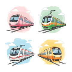Colorful Train Illustrations on Tracks with Watercolor Backgrounds.