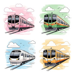 Colorful Train Illustrations with Watercolor Backgrounds and Cloud Motifs.