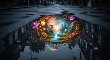 A puddle reflects a magical world with flowers, bridge, rainbow, and fantasy landscape on a wet street