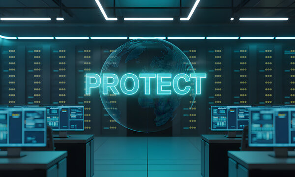 Cybersecurity and Global Data Network Protection in Modern Server Room with Holographic Earth and 'Protect' Text