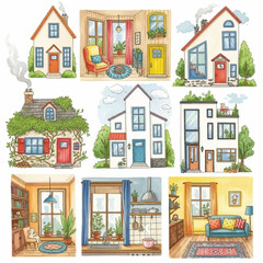 Charming Watercolor Illustrations of Cozy Homes and Interior Scenes.