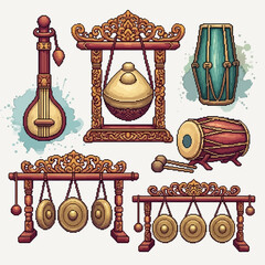 Detailed Pixel Art Depiction of Traditional Indonesian Gamelan Instruments.