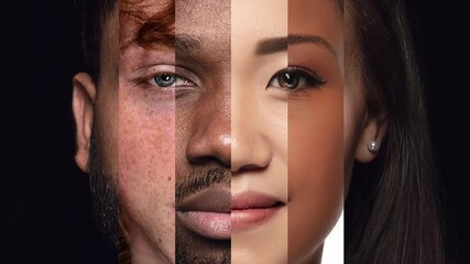 Playful stop motion. Human face made from different portrait of men and women of diverse age and race. Concept of social equality, human rights, freedom, diversity, acceptance - Powered by Adobe