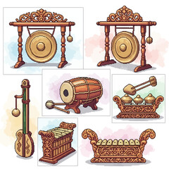 Detailed Pixel Art Depiction of Traditional Gamelan Musical Instruments.