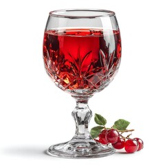 A crystal wine glass filled with red liquid and a small bunch of cherries beside it
