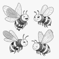 Playful Cartoon Bees with Unique Wing Patterns and Expressive Faces.