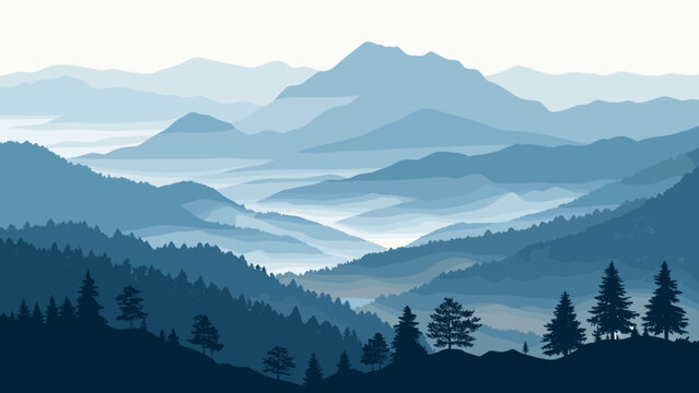 Serene mountain landscape with misty blue hills and evergreen silhouettes for calming nature backgrounds and peaceful outdoor adventures