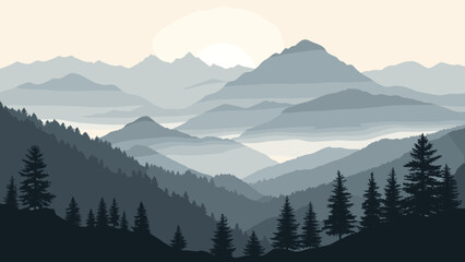 Obraz premium Serene mountain range landscape with misty valleys and towering peaks, perfect for nature lovers seeking tranquility and adventure in the outdoors