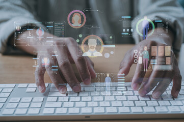 Man hands typing on wireless computer keyboard in modern office or remote work in home office with...