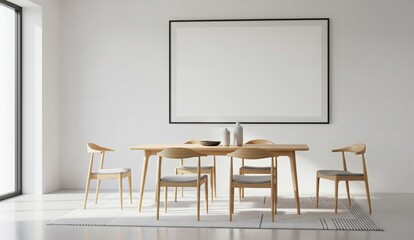 Bright minimalist dining room interior with wooden furniture and large blank poster frame on white wall for artwork or product presentation mockup. 3D Rendering 