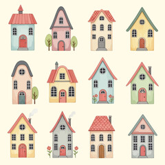 Whimsical Watercolor Houses Displaying Charming Architectural Designs and Colorful Details.