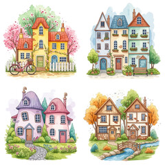 Charming Watercolor Illustrations of Quaint Houses with Lush Gardens and Bicycle.