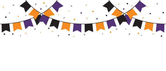 Seamless Orange, Purple and Black Halloween Party Bunting with Confetti Decoration Illustration.
