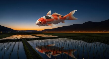 A koi fish floating above a rice field at dusk with a reflection in the water and mountains in the back