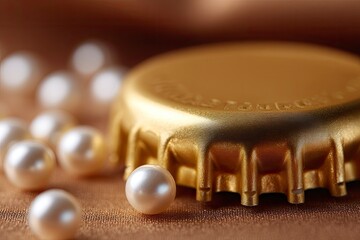 A gold bottle cap sits next to a pile of white pearls on a gold textured surface