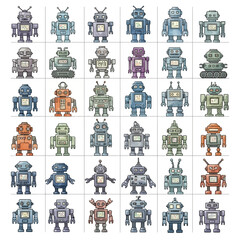 Collection of Whimsical Hand-Drawn Robots with Unique Designs and Antennas.