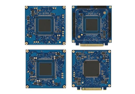 A close up of four blue computer microchips showcasing modern technology and electronic components