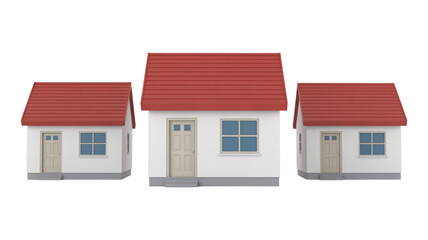 Three identical white houses with red roofs arranged in a row against a black background