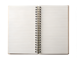 Open notebook with lined paper and spiral binding isolated on transparent background