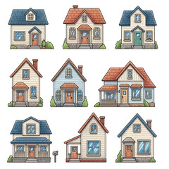 Colorful Cartoon Houses: Diverse Architectural Styles and Charming Designs.