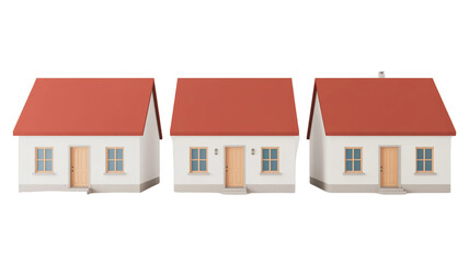Three identical white houses with red roofs arranged in a row against a black background