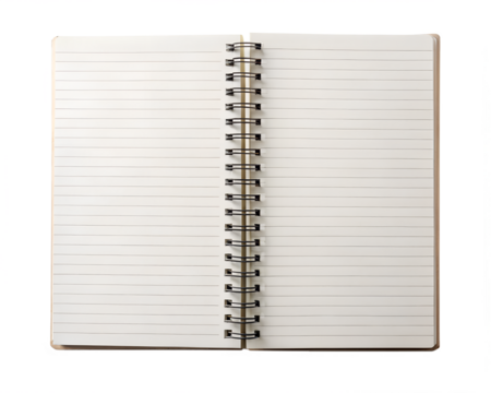 Open notebook with lined paper and spiral binding isolated on transparent background