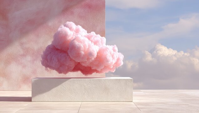 Pink cloud on a light beige pedestal against a pink wall