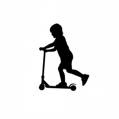Silhouette of child learning to balance on scooter on white background