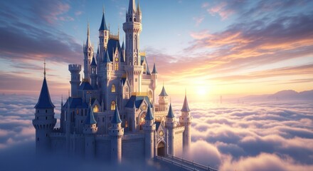 A majestic castle rises above a sea of clouds at sunset with intricate architecture and glowing windows