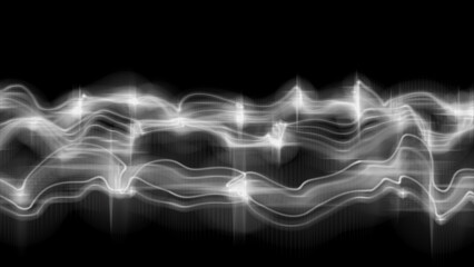 White smoke flame wave flow on black background. Science and media communications.