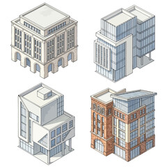 Isometric Architectural Illustrations of Modern and Classic Buildings.