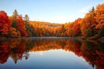 Vibrant autumn colors reflect on tranquil lake at dawn in a serene forest landscape