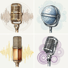 Vintage Microphone Quartet with Sound Wave and Circular Backgrounds.