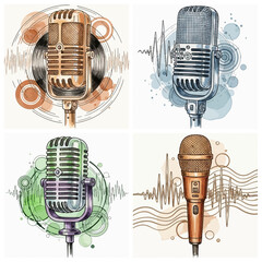 Vintage Microphone Illustrations with Soundwave and Watercolor Effects.
