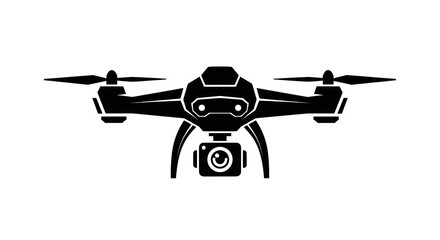 A black and white graphic illustration of a drone with propellers and a camera attached to the bottom