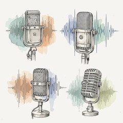Vintage Microphones with Sound Waves Artistic Illustration of Audio Recording.