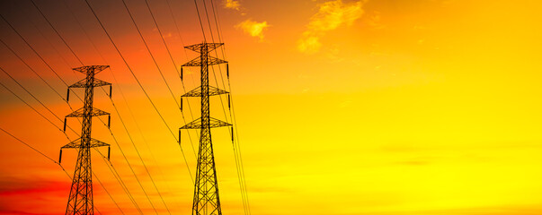 High voltage electric pole station on sunset background,  hight power grid line energy tower...
