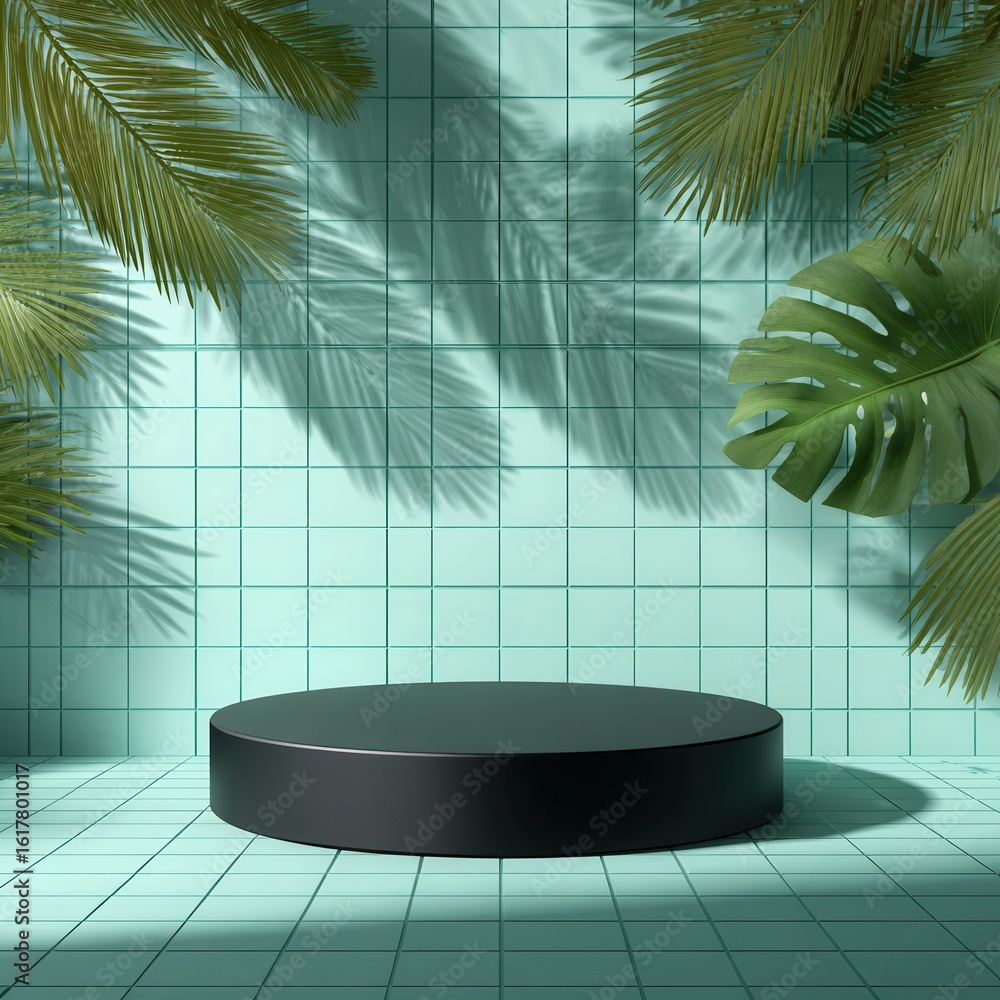 Poster 3d background with a podium and the shadow of palm leaves on a light green puzzle pattern wall, a mo