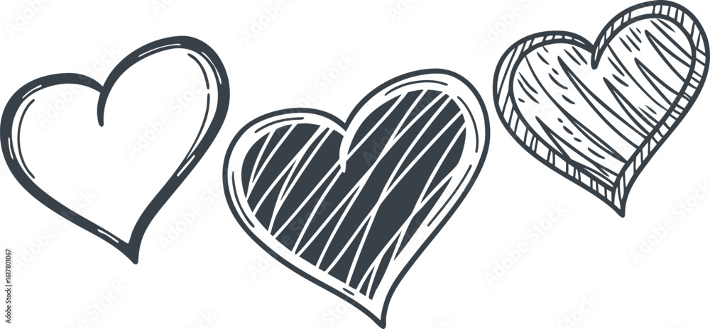 Poster vector art of three hand drawn hearts with different patterns convey a message of love and affection